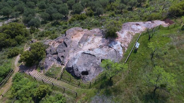 Aerial view from a drone of the wine presses at Cogote de las Pilas in Santa Eulalia Somera, Arnedo region. Eastern Rioja or Lower Rioja. Autonomous Community of La Rioja. Spain. Europe