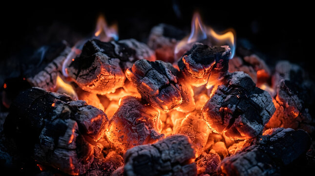 Glowing hot charcoal embers with blue flames.