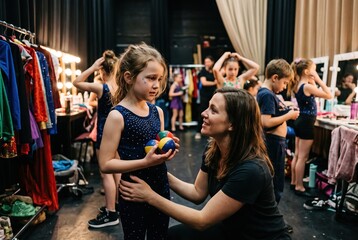 Fototapeta premium Young children engage in a learning activity at a camp in a theater. They practice skills with props while instructors provide guidance and support