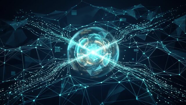 Cybersecurity technology and digital data protection. Glowing blue sphere with digital mesh and data streams representing a secure tech core. Perfect for cybersecurity and high-tech presentations.