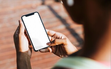 Person using smartphone with blank screen outdoors