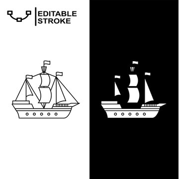 Ship Sailboat Sailing Vessel Vector Icon Set Line Glyph Silhouette Editable Stroke Nautical Ocean Transport