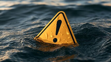 Fototapeta na wymiar A warning sign floats on dark water isolated on transparent background. Concept for environmental risk, climate change, or danger in natural disaster photography.