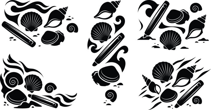 Set of black seashell and pencil illustrations