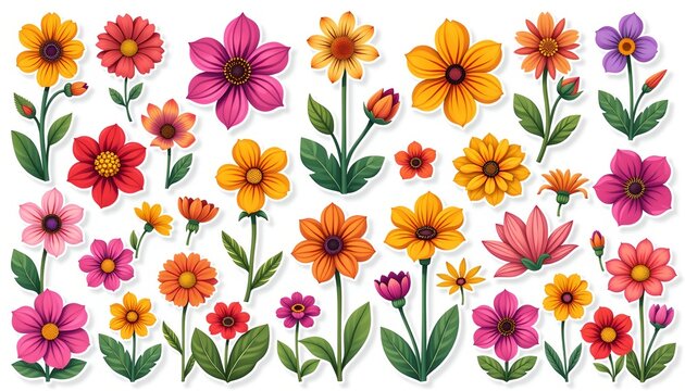 Garden flowers, vectorized flat style, bold lines, 2D illustrations, cartoons, pure white background, grid arrangement, stickers, toys, 8K, high definition, 300dpi