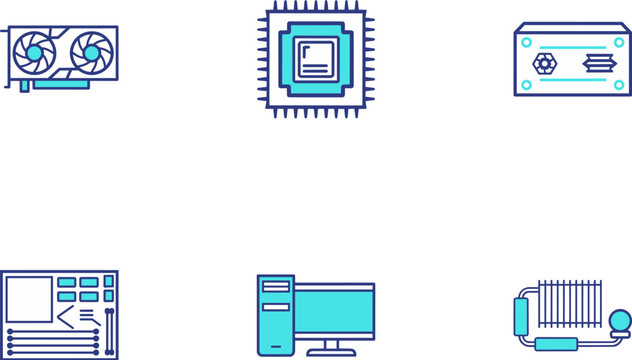 Collection of six flat design vector icons representing various computer hardware components, including a graphics card, CPU, power supply, PC case, desktop computer, and liquid cooling system.