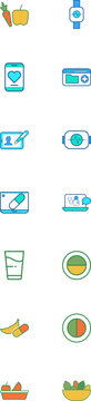 Vibrant collection of flat design icons representing various aspects of digital health, nutrition, and wellness.