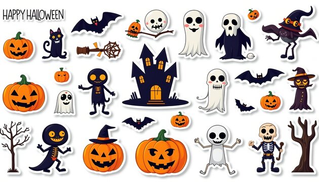 Halloween decorations, vectorized flat style, bold lines, 2D illustrations, cartoons, pure white background, grid arrangement, stickers, toys, 8K, high definition, 300dpi