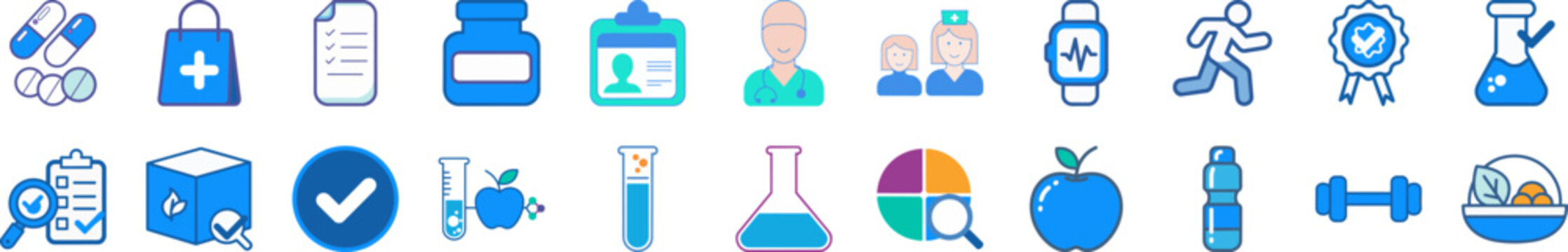 Diverse collection of blue and white flat design icons representing various aspects of health, medical care, scientific research, and wellness.