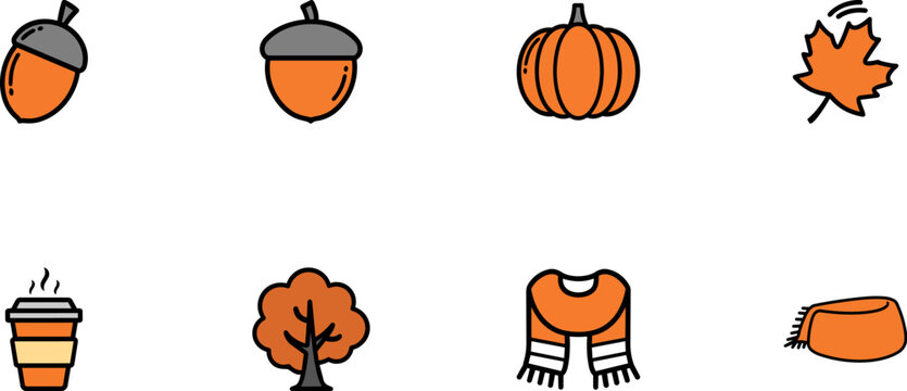 Collection of eight autumn-themed icons, including acorns, a pumpkin, a maple leaf, a fall tree, a coffee cup, a scarf, and a beanie, rendered in orange, brown, and grey outlines on a white.