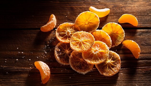 Scattered Candied Orange Segments With A Sugary Coat On A Rustic Wooden Surface Bathed In Warm Sunlight