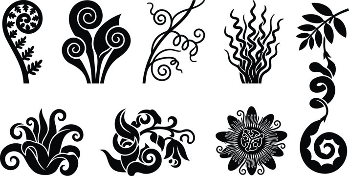 Set of black floral and plant decorative design elements