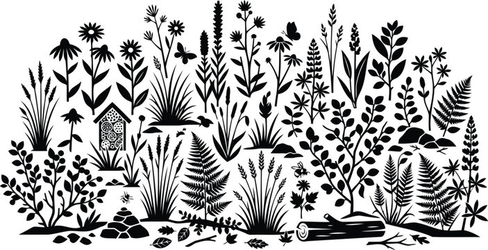Black silhouette collection of wild meadow flowers and plants