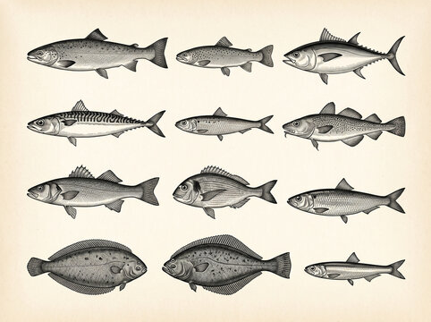 Vintage fishmonger style chart of engraved fish species with names on cream paper