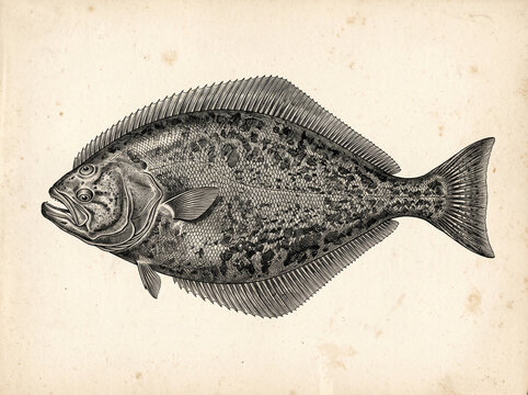 Natural history engraving of a turbot with mottled skin on aged paper, vintage ichthyology plate