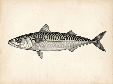 Engraved illustration of a slender silver sea fish in profile on aged cream paper