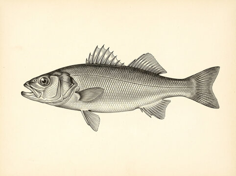 Vintage engraved illustration of a sea bass in side profile on aged cream paper