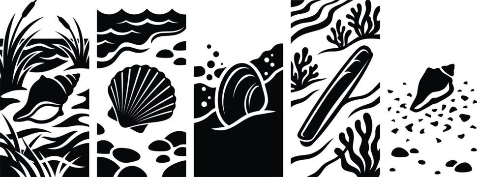 Set of black and white sea shell icons with ocean elements