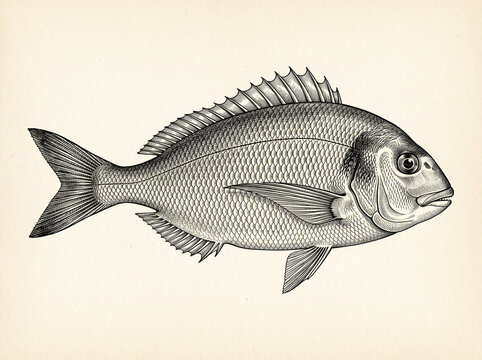 Vintage engraved illustration of a sea bream in profile on aged cream paper