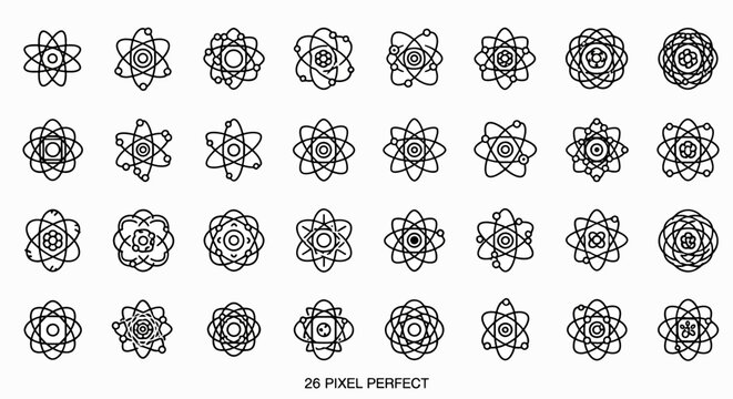 Atom icons set vector illustration. Science and education symbols. Atomic structure, molecule, and energy design elements.