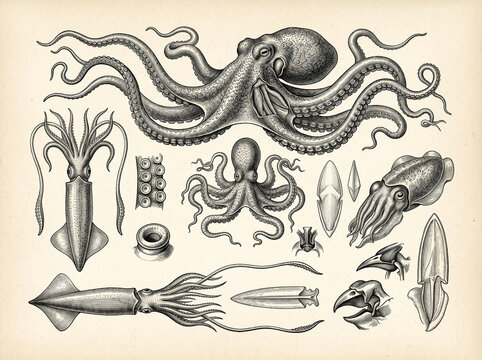 Large octopus surrounded by squid and cuttlefish on an aged natural history illustration plate