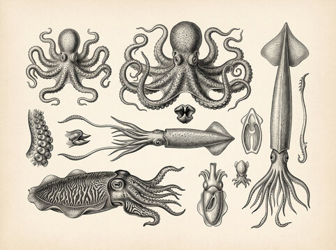 Engraved study sheet of octopus squid and cuttlefish specimens in the style of a nineteenth century monograph