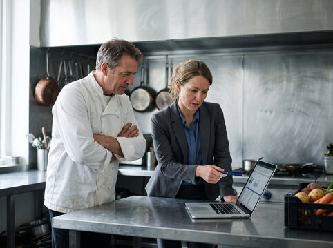 Chef and restaurant manager reviewing paperwork and invoices in a commercial kitchen, small business costs concept