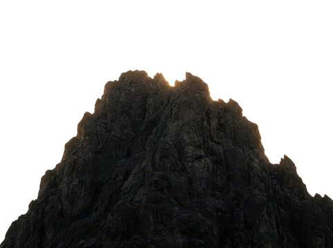 A rugged mountain peak with jagged rocks and sharp edges illuminated by sunlight creating dramatic shadows and highlighting its texture transparent background