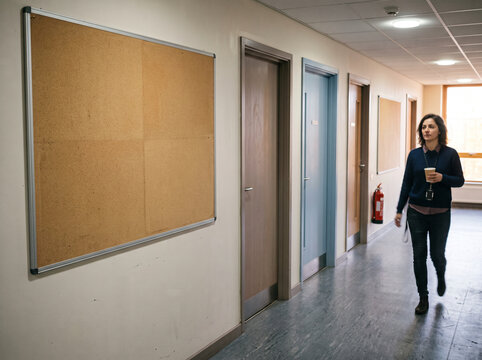 Woman walking past bulletin board in office corridor