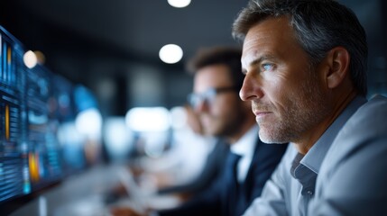 Fototapeta premium Businessman analyzing financial charts on monitors in office