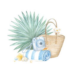 A watercolor composition themed around a tropical seaside vacation. A palm tree, bag, and towel are featured, perfect for relaxing on the ocean and islands. Plumeria and a camera are hand-painted © Evgeniia
