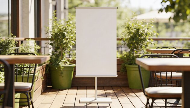 blank roll up banner mockup, outdoor cafe standee, restaurant promotional sign, street advertisement banner, wooden deck cafe, outdoor menu board mockup