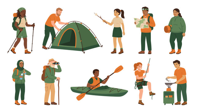 Diverse people camping and outdoor adventurers character set  flat vector illustration 