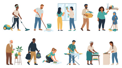 Fototapeta premium people doing housework and cleaning flat vector character set illustration