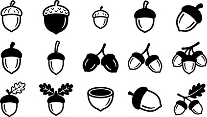 Collection of hand drawn acorn illustrations in black and white isolated on a white background © Nahida Akter