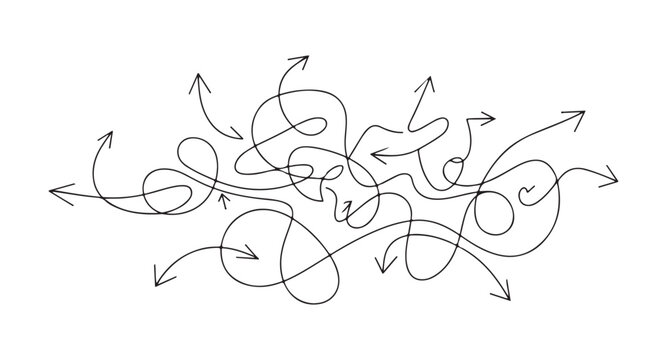 Complex hand drawn arrow doodle set featuring chaotic scribbles and tangled lines for abstract art.