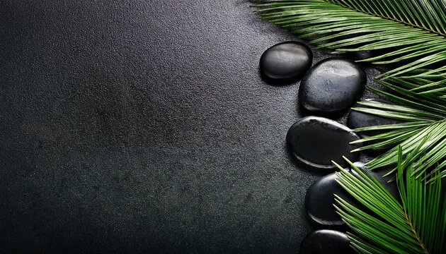 Spa Background With Black Stones And Green Palm Leaves