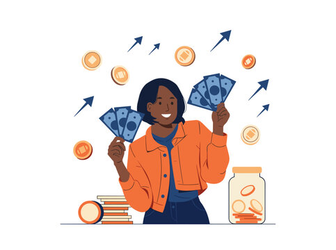 Vector flat design illustration of happy woman holding cash and coins for wealth growth