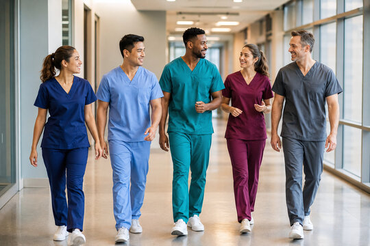 Group of diverse medical professionals in scrubs walking and talking in a modern hospital corridor. Concept of healthcare teamwork, communication, and collaboration in a clinic.