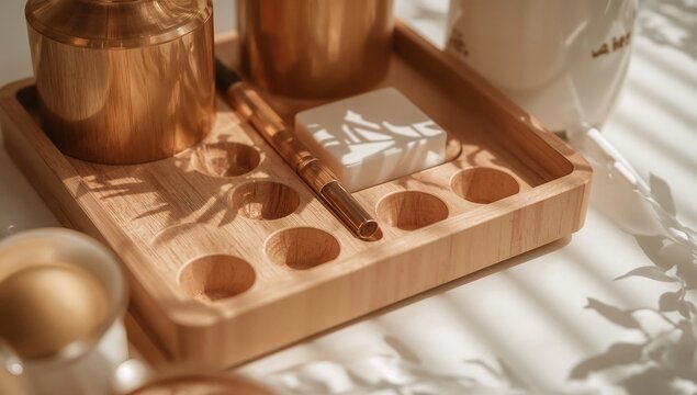 Wooden tray with cosmetic jars and makeup brush in soft morning sunlight with botanical shadows