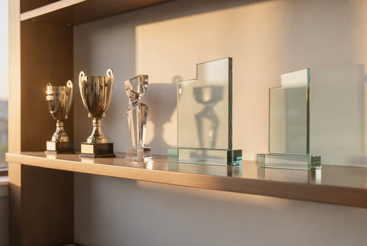 Golden and Glass Trophies Displayed on a Wooden Shelf