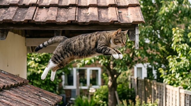 Action Shot Of Energetic Domestic Cat Leaping From Rooftop