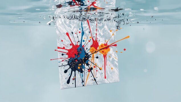 Abstract colorful paint splashes on a plastic sheet submerged in clear water with light