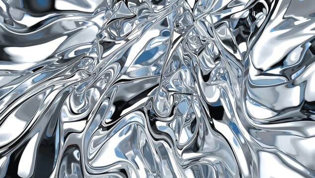 Abstract liquid metal surface with flowing chrome waves reflecting a bright sky and blue light