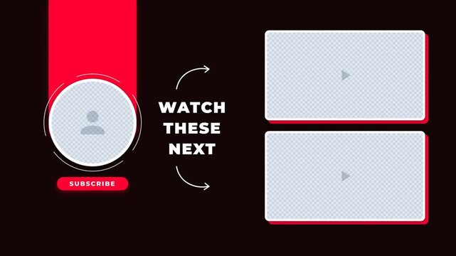 Modern video end screen template with placeholders for content and subscribe button on dark background