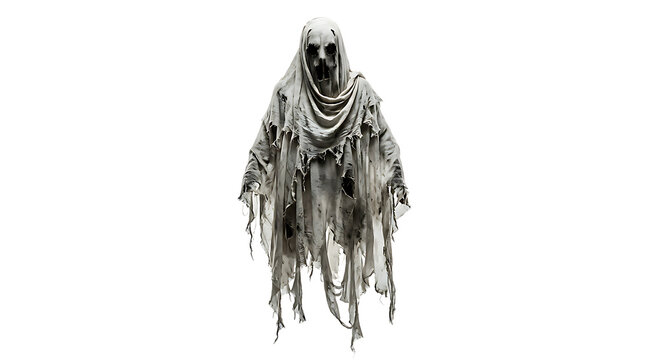 A terrifying ghostly figure wearing tattered grey rags and a dark mask representing a spooky supernatural entity isolated on transparent background