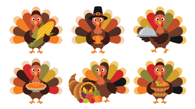 A collection of cute cartoon turkeys celebrating thanksgiving with traditional food items and festive decorations on a clean white background