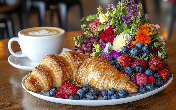 Delicious croissant, berries, flowers, and latte on wooden table.