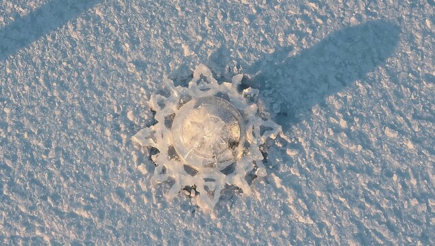 Beautiful natural ice crystal formation with a star shape resting on a frozen snowy surface