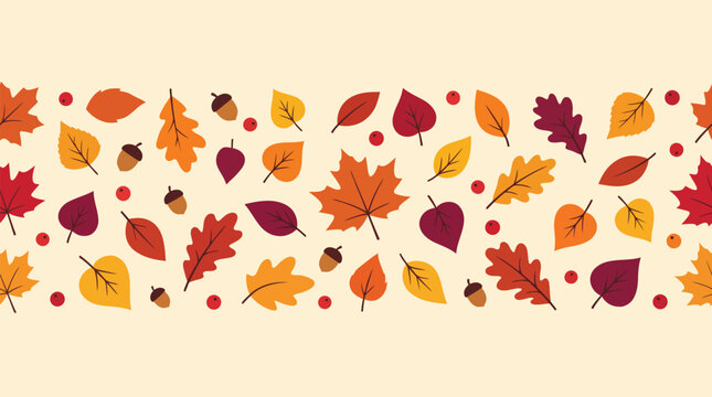 A festive thanksgiving seamless pattern featuring colorful autumn leaves and small brown acorns scattered on a light cream background texture